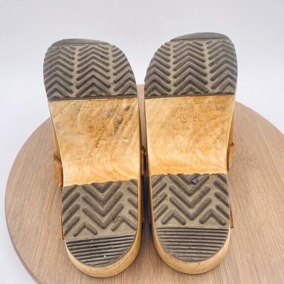 Swedish Wood Clogs Womens 8.5 39 Tan Brown Leather Slides Studded - Picture 10 of 12